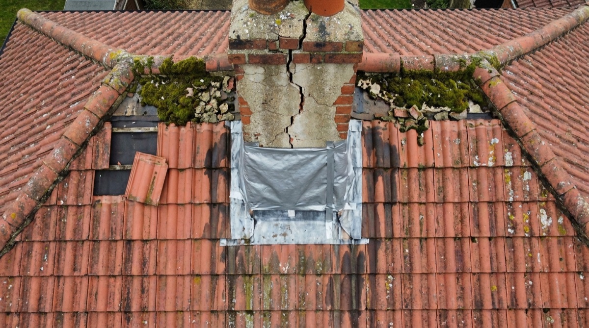 Storm-damaged roof seen from above