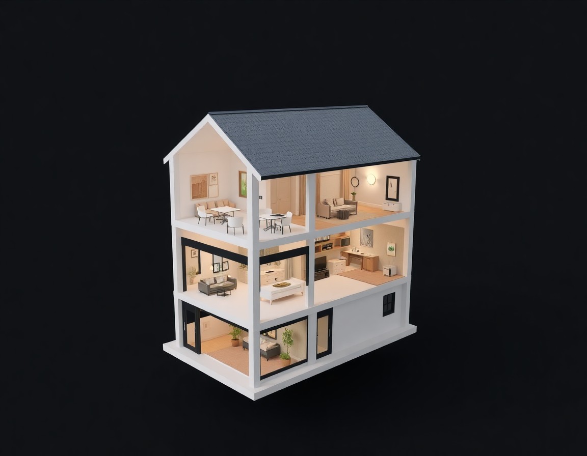 3D doll's-house cutaway view of a building from a virtual tour