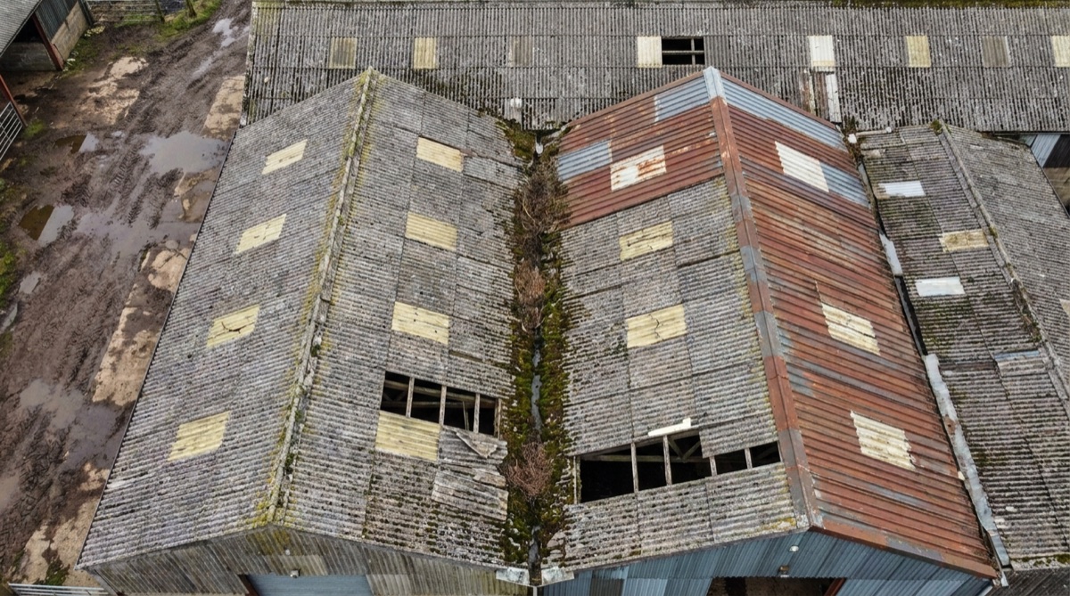 Aerial photograph of a damaged roof