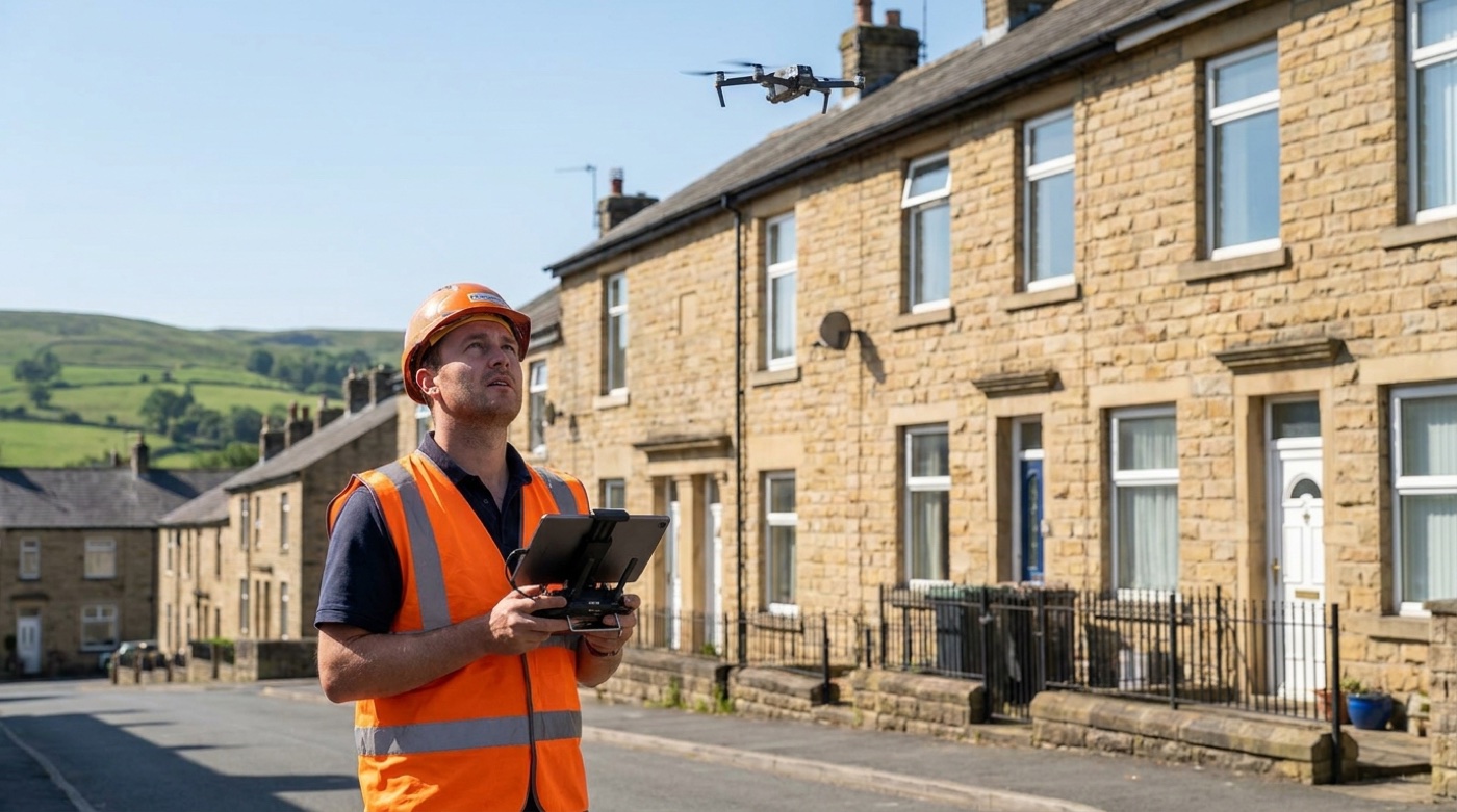 A drone surveyor in a hi-vis vest flying a survey drone over a roof on a northern street