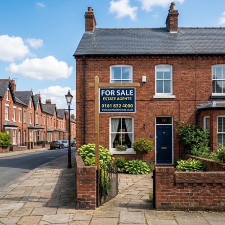 A For Sale board outside a terraced house
