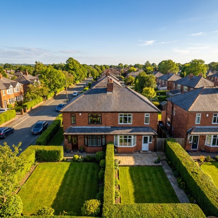 Aerial drone view of a UK house roof